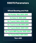510070 Parameters for Wheel Bearing and Hub for Pontiac Vibe, Scion Tc, Toyota Celica, Corolla, Matrix, MR2 Spyder, Prius Non-ABS