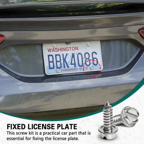 Heavy Duty Stainless Steel License Plate Screws Zero Rattle Bolt Set For Daily Drivers installed on a vehicle license plate.