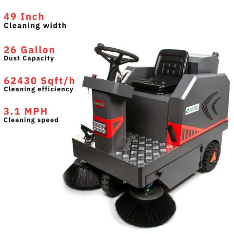 Badass 49 Inch Ride On Industrial Floor Sweeper Machine With 26 Gallon Hopper And Water Dust Control Tank Crushing 69000 Square Feet Per Hour For Warehouses Factories And Parking Lots Smooth Operator Design, featuring large brushes and a comfortable seat.