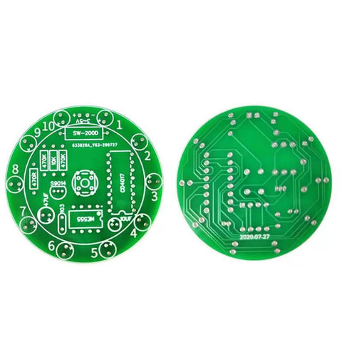 DIY Soldering Practice Kit For Electronics Learners, Training Board With NE555 And CD4017 LED Spin Wheel, front and back view of circuit board