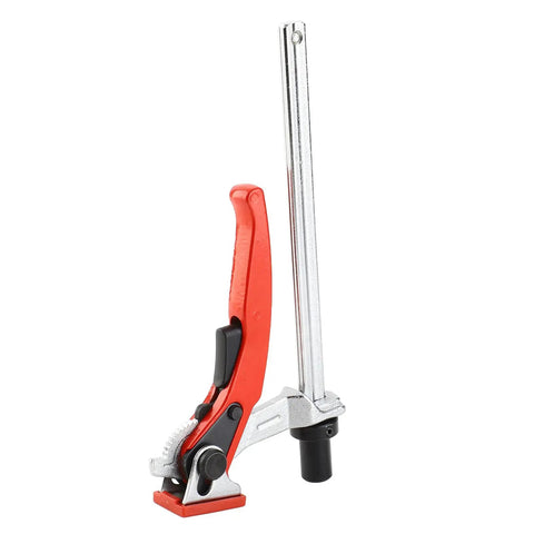 Quick Acting Hold Down Clamp For Woodworking Benches, sturdy ratchet press with alloy steel and zinc alloy build, red handle