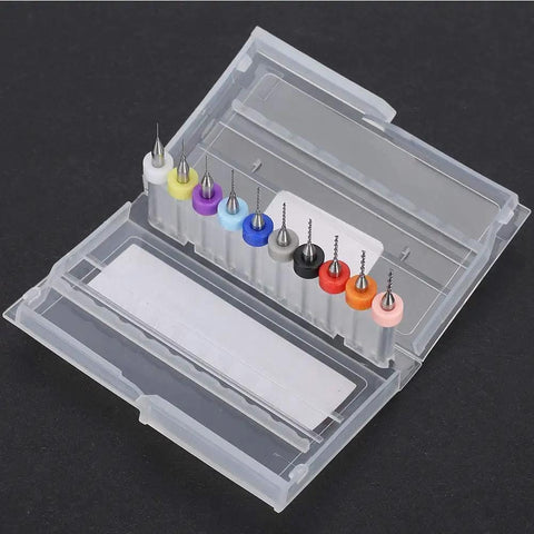 Pro Grade Mini Tungsten Steel Drill Bits Set for PCB Circuit Board, showcased in open case with 10 colorful micro bits.