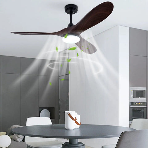 Ceiling Fan with Light, 48W Integrated Lighting, Silent Operation 35dB in modern kitchen with wood blades and bright light.