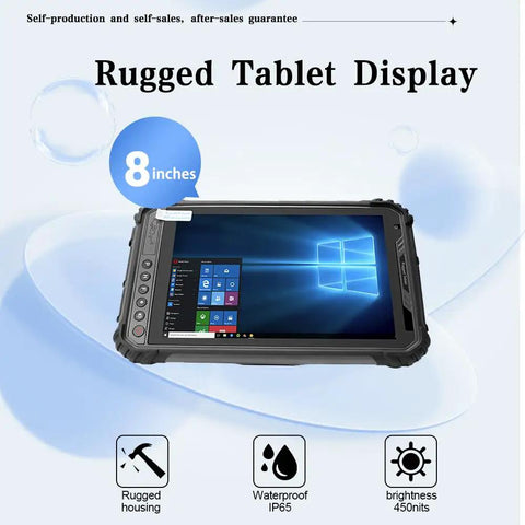 Built Like A Tank Industrial Rugged Tablet With Built In Barcode Scanner Running Windows 11 Pro Features Eight Gb Ram And 256 Gb Storage Plus Gps Wifi Nfc And Hd Touchscreen showing 8-inch rugged tablet display.
