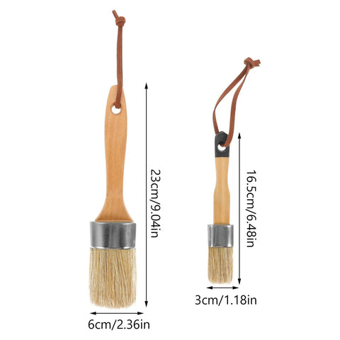 Two-Piece Wood Handle Paint Brush Set For Walls And Decks shown with size, oval synthetic bristles, for painting furniture.