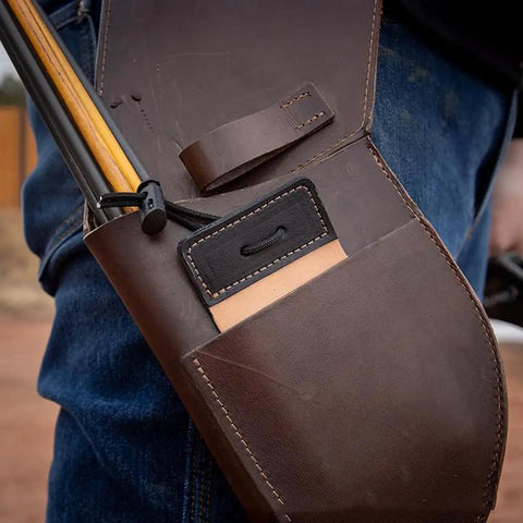Square Cow Leather Archery Finger Tab For Right Hand Long Bow Hand Protector visible in brown leather pouch with arrows