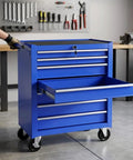 Tough As Nails Blue Steel Seven Drawer Rolling Tool Chest With Dead Secure Lockable Drawers opened drawer viewed from the side.