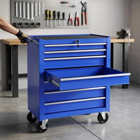 Tough As Nails Blue Steel Seven Drawer Rolling Tool Chest With Dead Secure Lockable Drawers opened drawer viewed from the side.