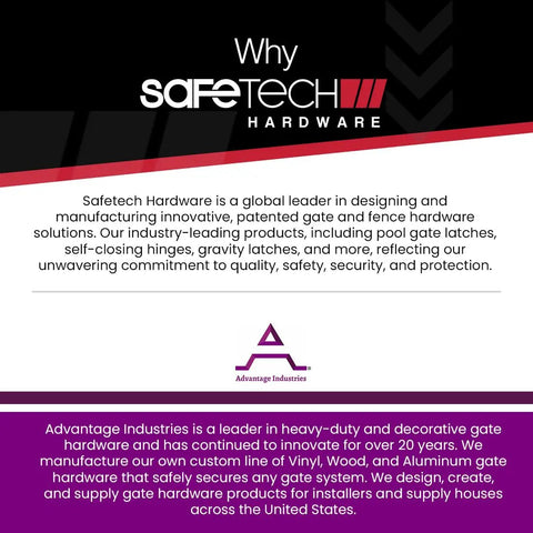 Safetech Hardware promotional poster highlighting gate and fence solutions by Advantage Industries, featuring safety features.