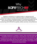Graphic highlighting Safetech Hardware and Advantage Industries, leaders in innovative gate and fence hardware solutions.