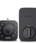 Top Shelf Z Wave Deadbolt Smart Lock featuring keypad and main unit, black design, ideal for smart home access control.