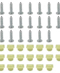 Set of silver screws and plastic bases from Top Shelf Car License Plate Screw Kit Featuring Hella Tough Self Tapping Bolts.