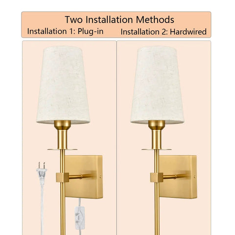 Two Pack Farmhouse Modern Black Wall Sconces With Beige Fabric Shades, Plug In Or Hardwired, Slim Square Back Plate Display