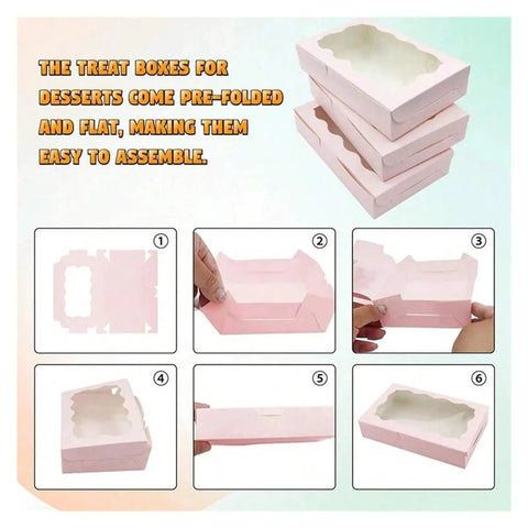 Assembly steps shown for Kraft Paper Gift Boxes 20 Pack Rectangle Open Window Jewelry Chocolate Cake Gift Packaging Boxes.