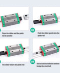 Installation steps of 9mm Mini Linear Rail Guide With Ball Retainer And Lubrication System, Steel Rail Block in four-point load design.