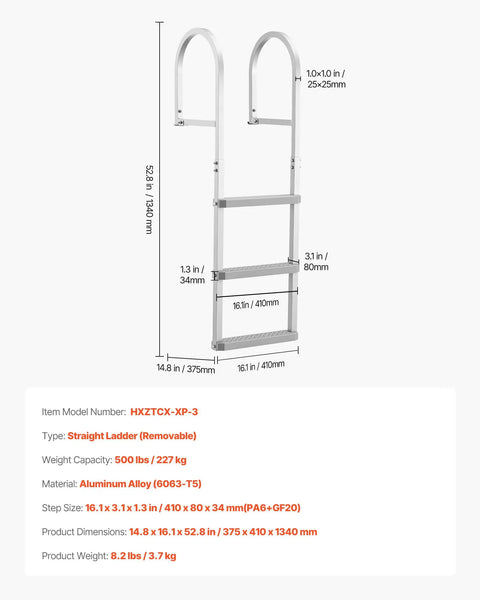 Removable 3 Step Aluminum Dock Ladder With Non Slip Wide PP Steps, 500 Lb Capacity, Quick Release, Easy In And Out For Lake Swimming, Pool Or Marine Boarding On Pontoon Boats, 52.8 in tall