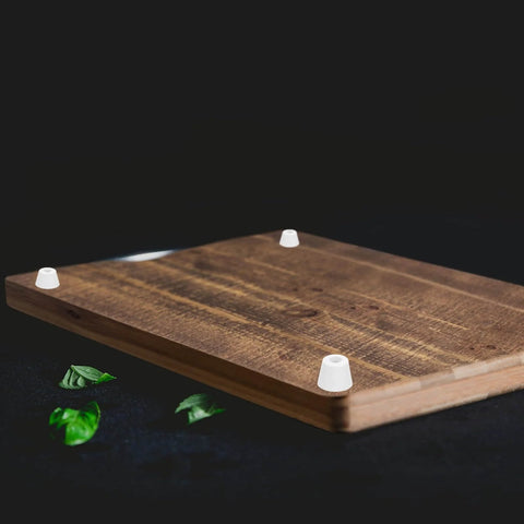Eight Pack Rubber Bumper Feet With Stainless Steel Washers And M3x16 Screws installed on a wooden surface, side view.
