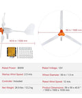 Diagram of 800W 12V Wind Turbine Kit With MPPT Controller, dimensions, 3 blades, adjustable wind direction, off-grid power solution.