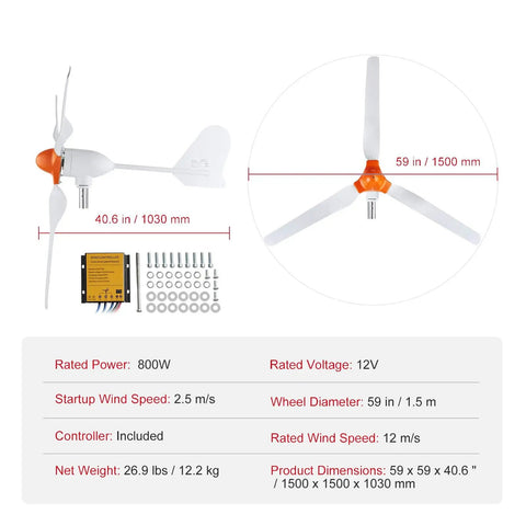 Diagram of 800W 12V Wind Turbine Kit With MPPT Controller, dimensions, 3 blades, adjustable wind direction, off-grid power solution.