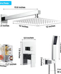12 Inch Rain Shower System With Wall Mount Faucet, 2-In-1 Handheld Showerhead, Rough-In Valve Body And Trim, Polished Chrome