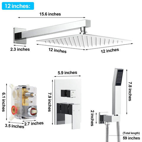 12 Inch Rain Shower System With Wall Mount Faucet, 2-In-1 Handheld Showerhead, Rough-In Valve Body And Trim, Polished Chrome