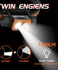 Beast Mode Rechargeable LED Headlamp With 1500 Lumen Brightness showing dual spotlight and floodlight features.
