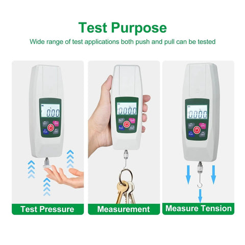Push And Pull Tester Meter Mini Dynamometer With 4 Measurement Units Backlit Display Buzzer Alarm For Compression And Tension Acceleration Setting For Precision Upper And Lower Limit Alerts KF50 shown testing pressure and tension