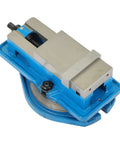 Rock Solid 3 Inch Precision CNC Milling Vise With Swivel Base showcasing blue base and steel jaws for shaping and drilling tasks.