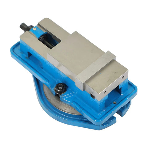 Rock Solid 3 Inch Precision CNC Milling Vise With Swivel Base showcasing blue base and steel jaws for shaping and drilling tasks.