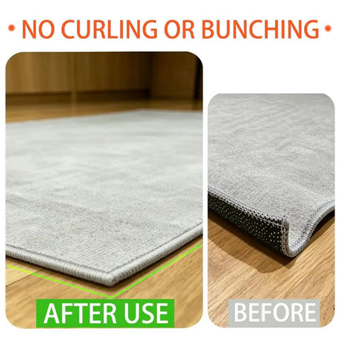 Comparison of rug without curling showing Non Slip Rug Tape Set With 16 Pieces, Triangle And Square Grippers on hardwood
