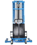 Front view of Semi Electric Pallet Stacker Straddle Forklift With Adjustable Forks And Support Legs Engineered For Tight Aisles Running A Beefy 3300 Lb Power Lift Non Stop Warehouse Hustle.