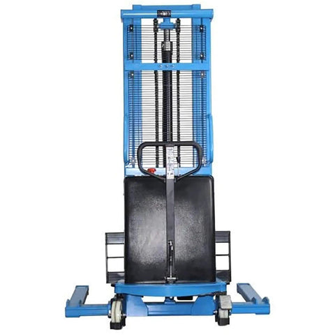 Front view of Semi Electric Pallet Stacker Straddle Forklift With Adjustable Forks And Support Legs Engineered For Tight Aisles Running A Beefy 3300 Lb Power Lift Non Stop Warehouse Hustle.