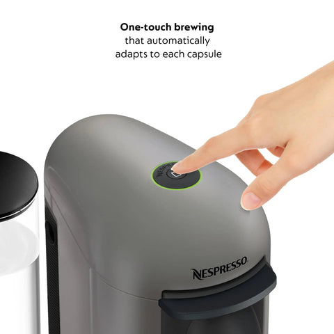 Person pressing button on Vertuo Plus Coffee And Espresso Maker By Breville Grey One Button Brew For Coffee Or Espresso No Fuss Easy Button Brew 25 Second Heat Up And Energy Saving Auto Shut Off Delivers Rich Flavor At Home