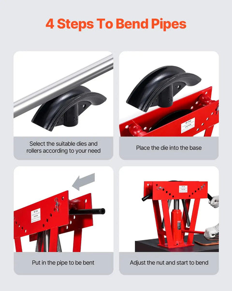 4-step guide on using Heavy Duty Manual 16 Ton Hydraulic Pipe Bender For Copper Exhaust Tubes with precision dies and rollers.