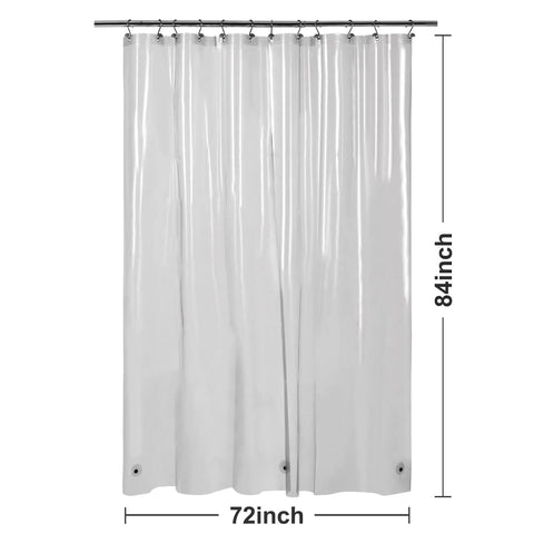 Extra Long Clear Black Shower Curtain Liner With 3 Magnets 72 By 84 Inches XL Waterproof PEVA PVC Free Lightweight Bathroom Liner With Metal Grommets Clear Durable Odor Free Water Repellent hanging displayed.
