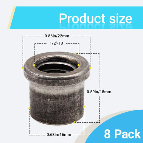 Hella Secure Eight Pack Weld On Nut Tabs Half Inch Thirteen Thread For Casters Leveling Feet And Furniture Builds Durable Steel Inserts showing size dimensions.