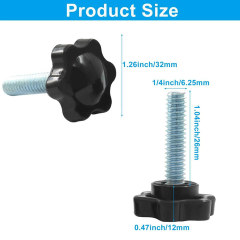 10 Pack 1/4-20 Inch Thread Knob Screws With Plastic Star Nut Set showing size dimensions and design details.