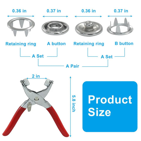 Straight Up 100 Sets Of Silver 9.5 Mm Heavy Duty Metal Snap Buttons With Professional Setting Pliers Kit for Jackets and Leather Work showing various button sizes and pliers.