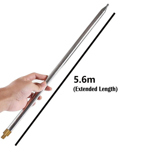 Person holding Heavy Duty 201 Stainless Steel Whip Antenna Telescopic 5.6 Meter With M10 External Thread For JPC 12 Mount Built To Last