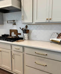 Unlacquered Solid Brass Cabinet Pull And Knob Set on kitchen cabinets, 7 inch, handmade and heavy duty, modern serene style