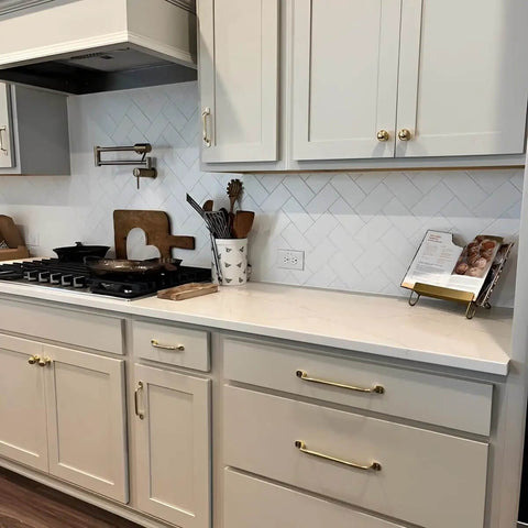 Unlacquered Solid Brass Cabinet Pull And Knob Set on kitchen cabinets, 7 inch, handmade and heavy duty, modern serene style