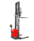 Top Rated MechMaxx 2640 Lb Lithium Ion Electric Straddle Stacker With 138 Inch Lift Height, side view showcasing adjustable forks.