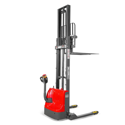 Top Rated MechMaxx 2640 Lb Lithium Ion Electric Straddle Stacker With 138 Inch Lift Height, side view showcasing adjustable forks.