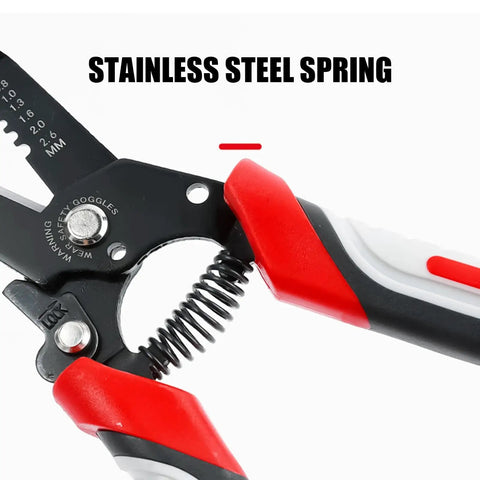 Heavy Duty Wire Stripper Pliers And Cutters, 6 Inches Long with stainless steel spring mechanism and ergonomic grips designed for precision.