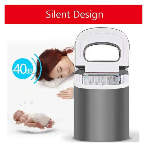 Countertop Ice Maker Machine With Premium Stainless Steel Body And Black Viewing Lid in silent operation near sleeping baby.