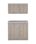 Built Like A Tank Wooden Twin Cabinet Set In Fresh Light Gray With Dual Countertops and Smart Compartments for Heavy Duty Indoor Storage.
