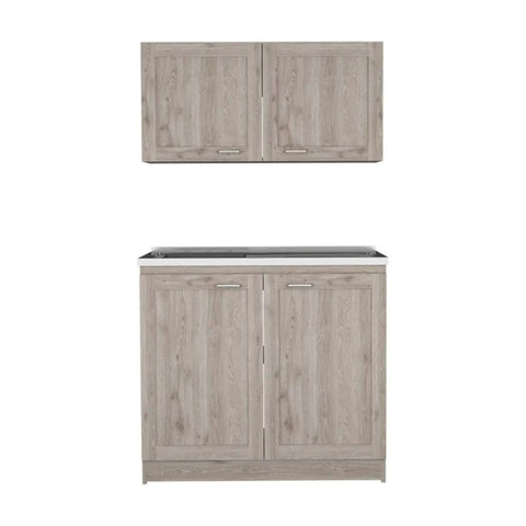 Built Like A Tank Wooden Twin Cabinet Set In Fresh Light Gray With Dual Countertops and Smart Compartments for Heavy Duty Indoor Storage.
