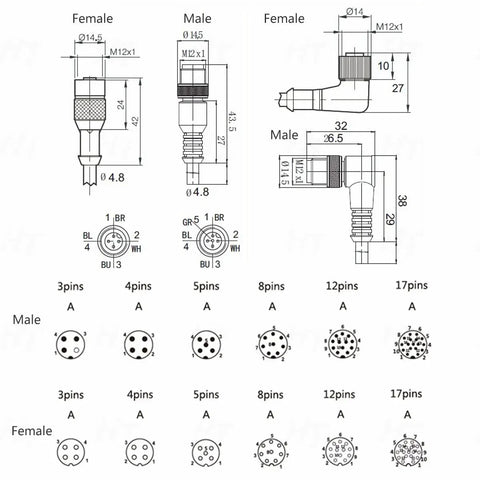 Diagram of various M12 A Code 4 Pin Male Aviation Power Cable For Sensor And Encoder connectors, showing dimensions and pin configurations.