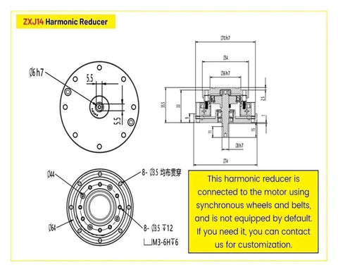 Technical drawing of Harmonic Drive 30 Arcsec Strain Wave Gear Harmonic Reducer Precision ZXJ14-74mm 80 To 1 Ratio.