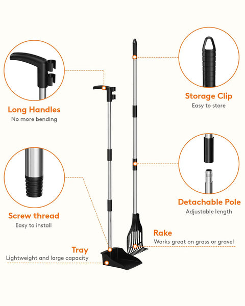 Long Reach Dog Pooper Scooper With Rake And Tray No Bending Cleanup For Medium And Small Dogs, adjustable handle shown.